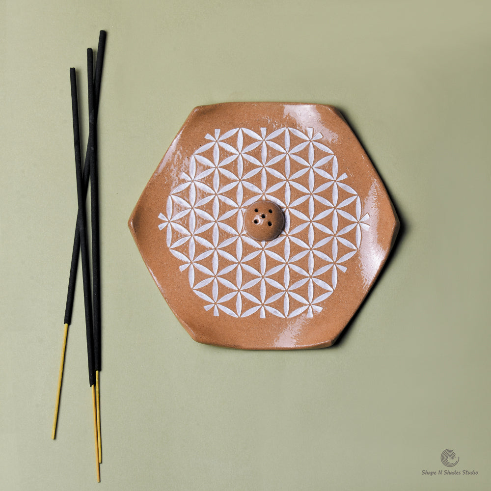 Handmade Ceramic Incense Stick Holder – Hexagonal, Brown Base with White Mandala Pattern