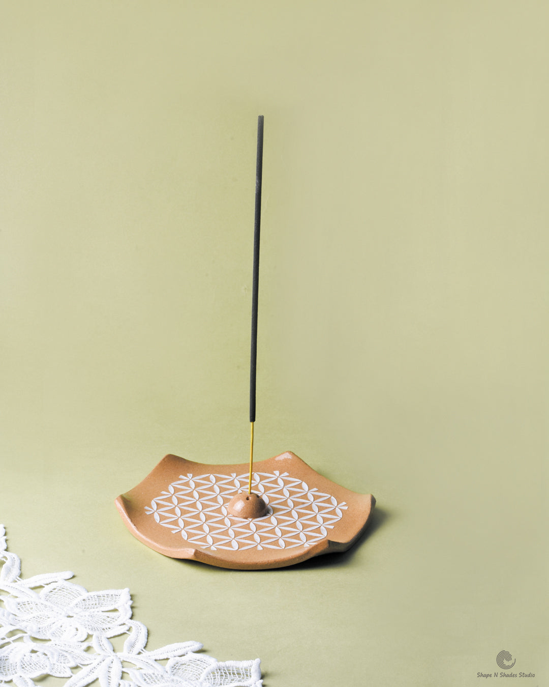 Handmade Ceramic Incense Stick Holder – Hexagonal, Brown Base with White Mandala Pattern