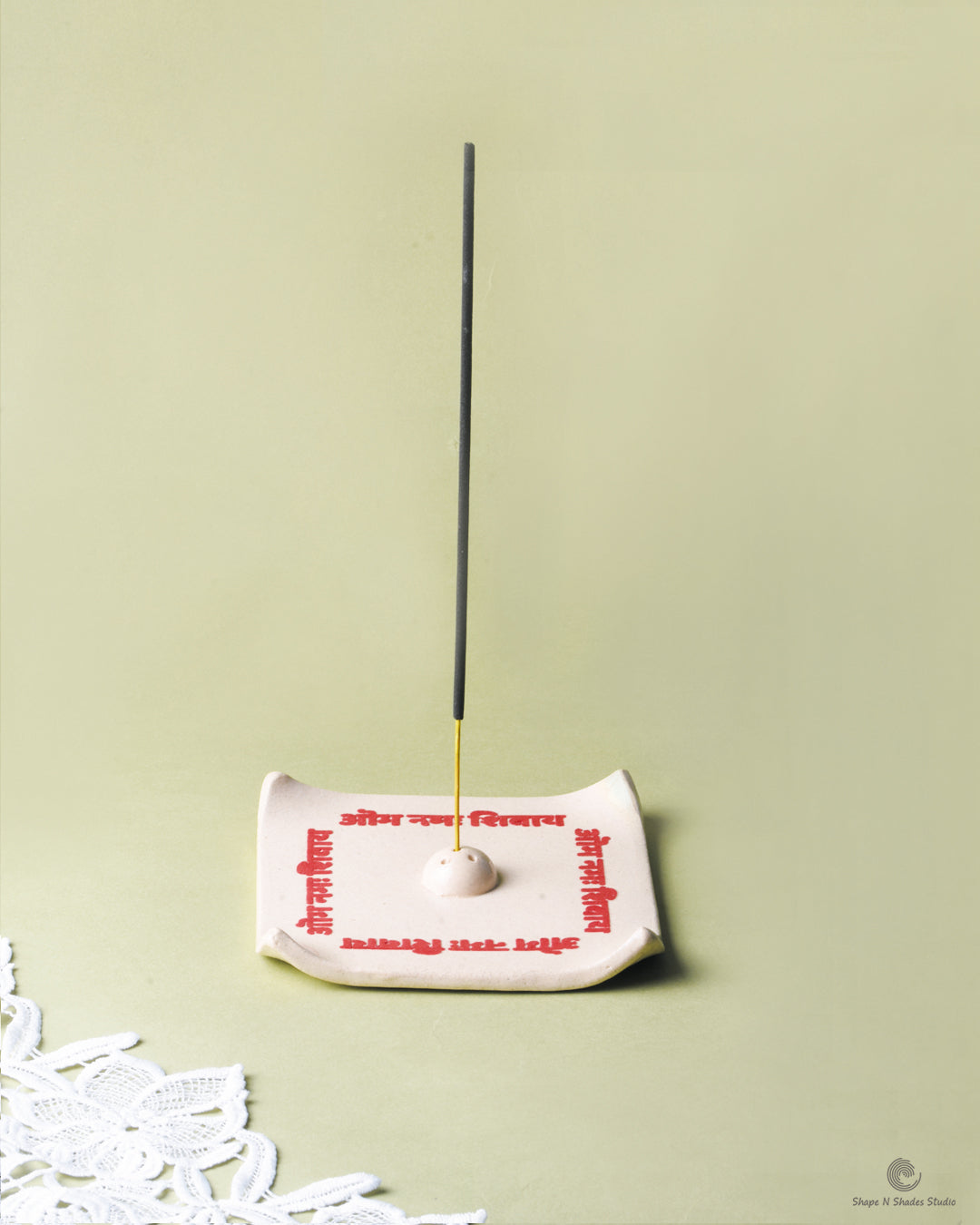 Handmade Ceramic Incense Stick Holder – Square Shape, White Base with Om Nam Shivay Pattern