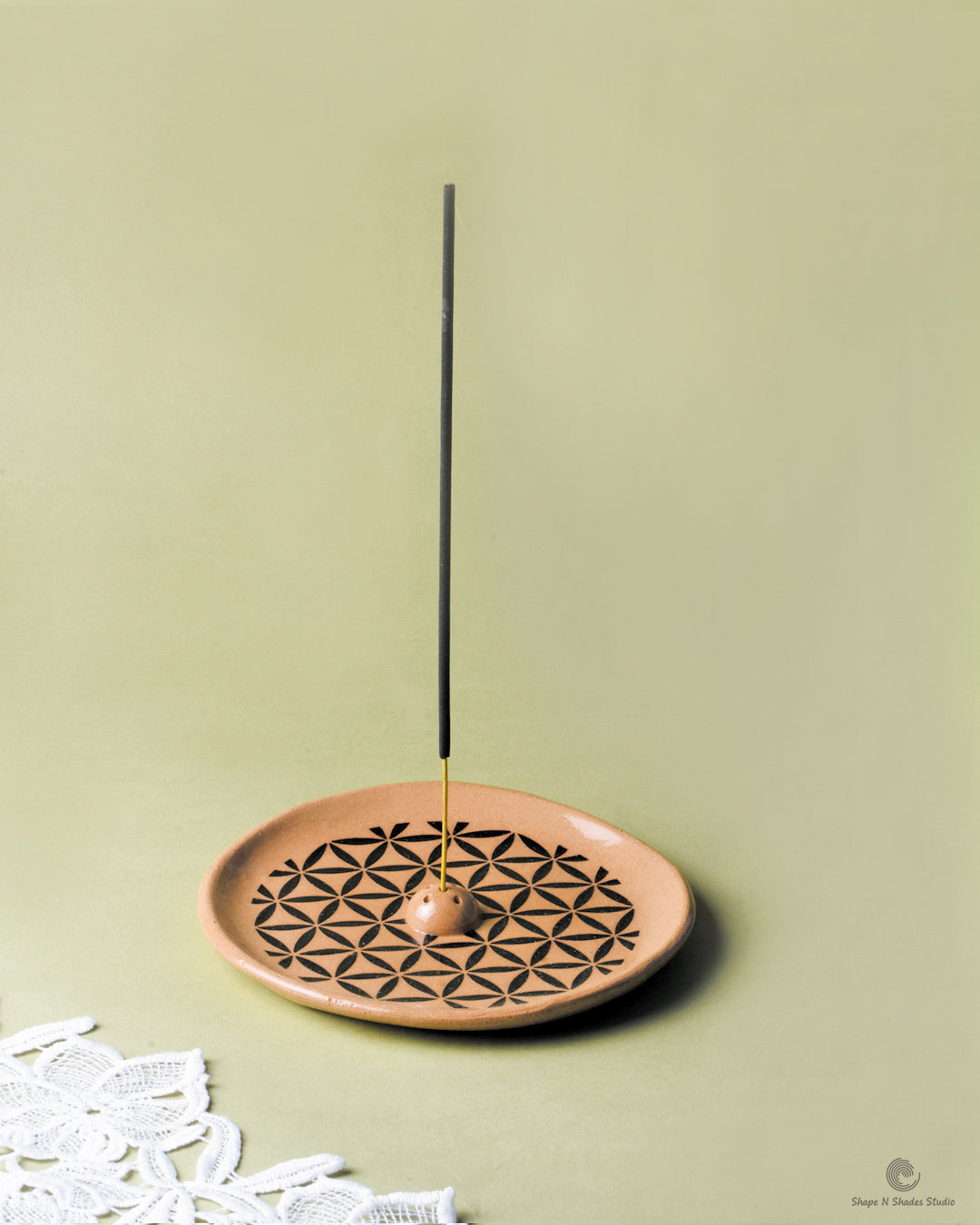 Handmade Ceramic Incense Stick Holder – Circle Shape, Brown Base with Black Mandala Pattern