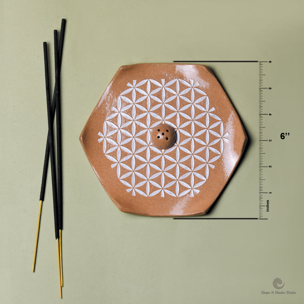 Handmade Ceramic Incense Stick Holder – Hexagonal, Brown Base with White Mandala Pattern