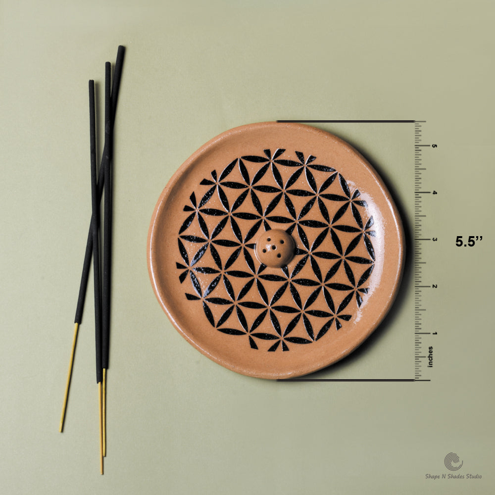 Handmade Ceramic Incense Stick Holder – Circle Shape, Brown Base with Black Mandala Pattern