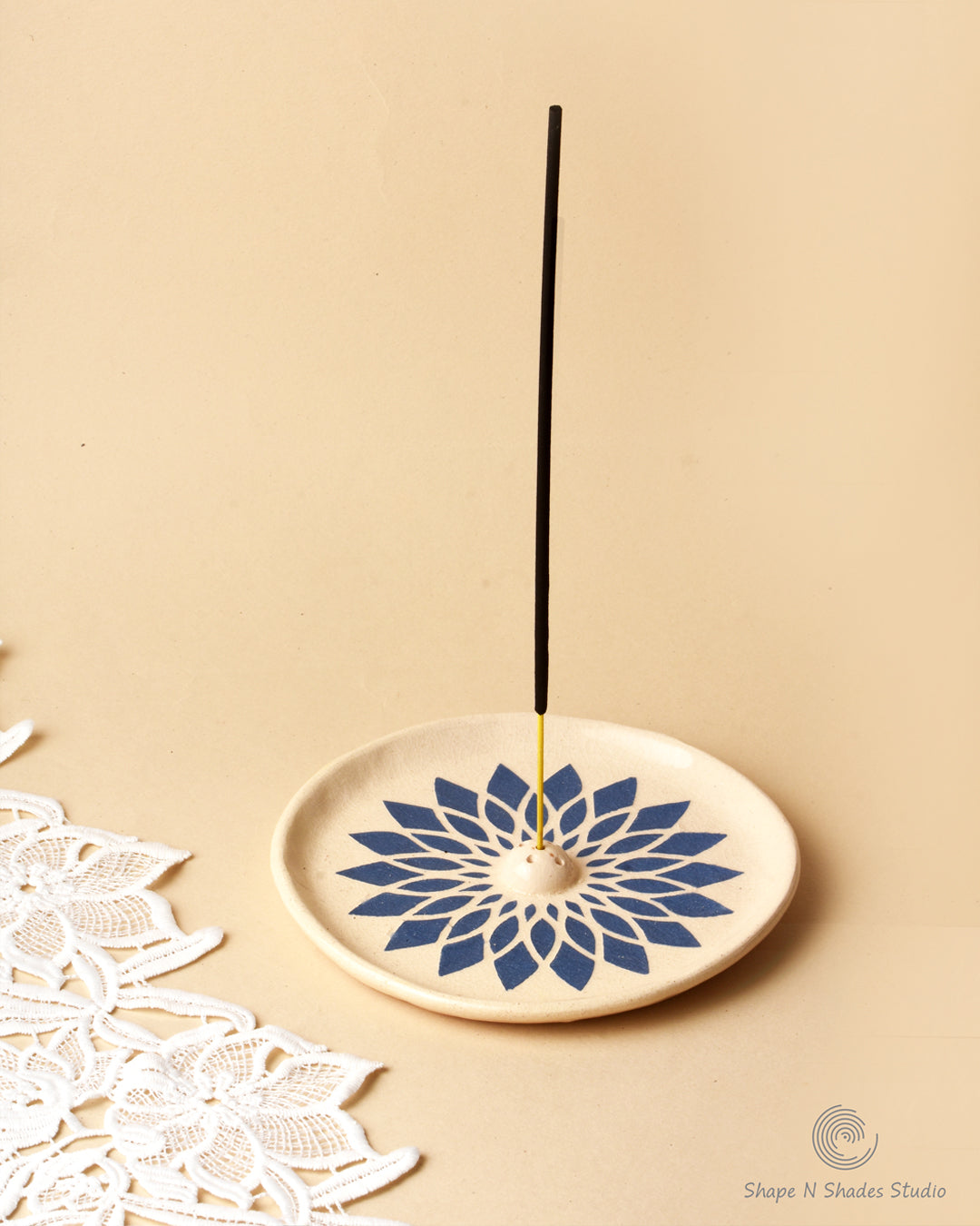 Handmade Ceramic Incense Stick Holder – Circle Shape, White Base with Blue Mandala Pattern