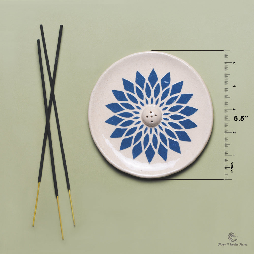 Handmade Ceramic Incense Stick Holder – Circle Shape, White Base with Blue Mandala Pattern