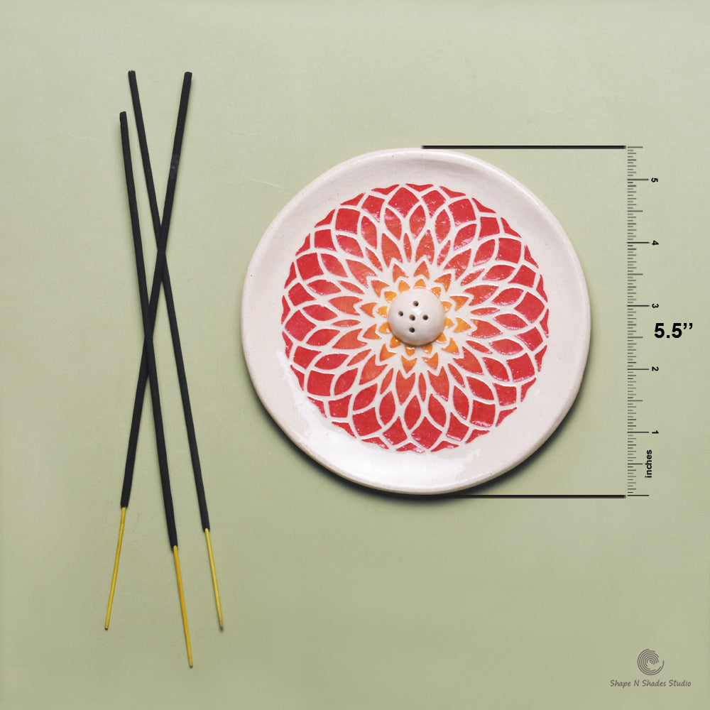 Handmade Ceramic Incense Stick Holder – Circle Shape, White Base with Red Gradation Mandala Pattern