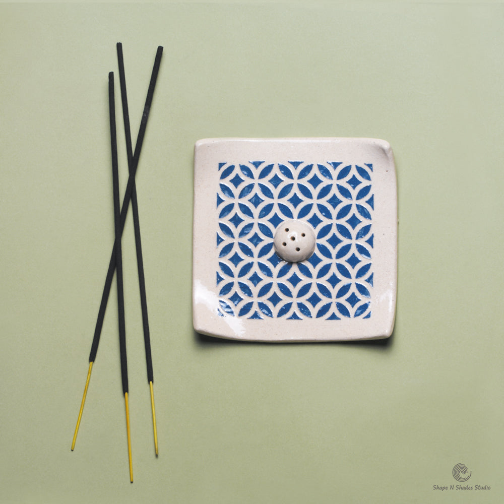 Handmade Ceramic Incense Stick Holder – Square Shape, White Base with Blue Pattern