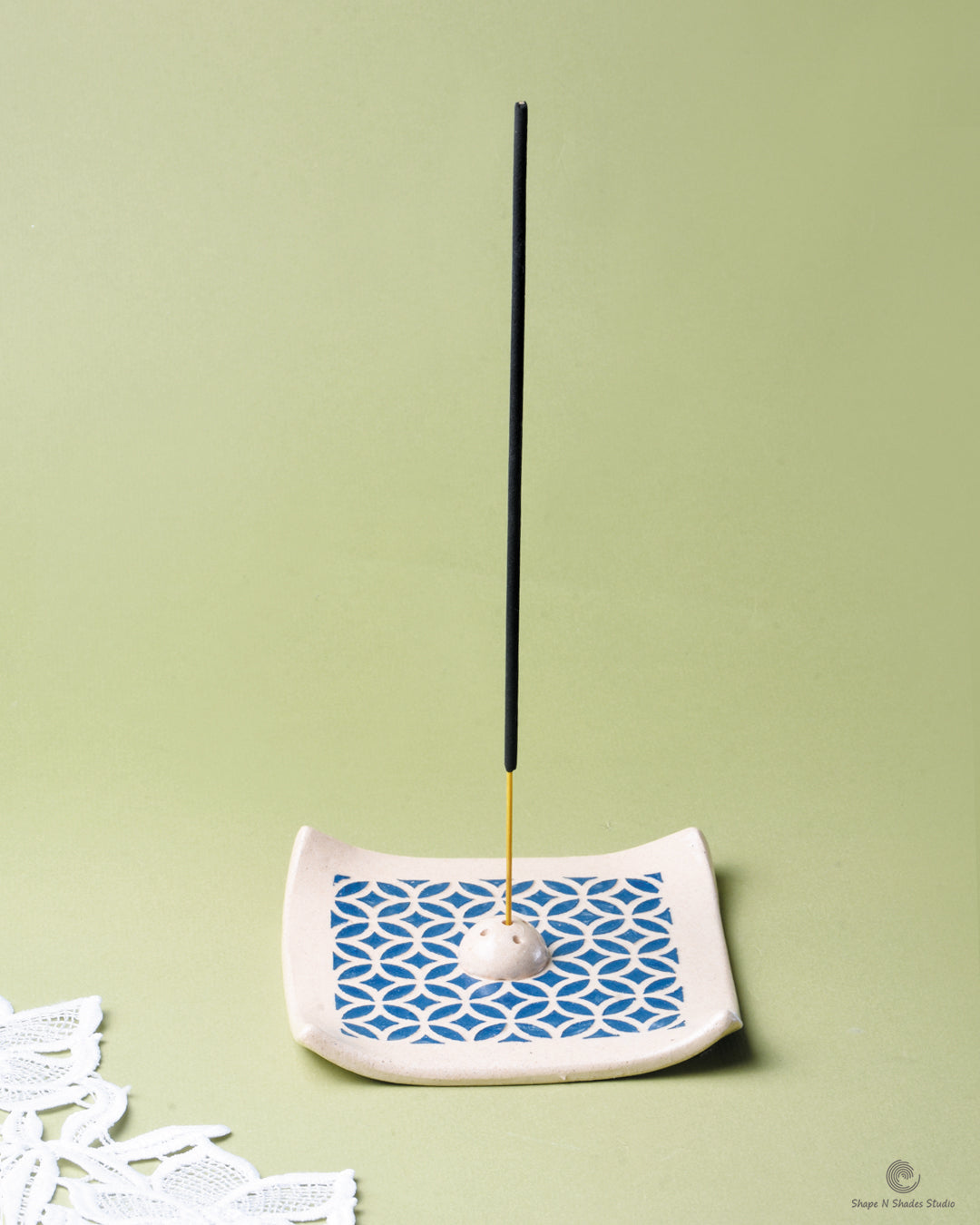 Handmade Ceramic Incense Stick Holder – Square Shape, White Base with Blue Pattern