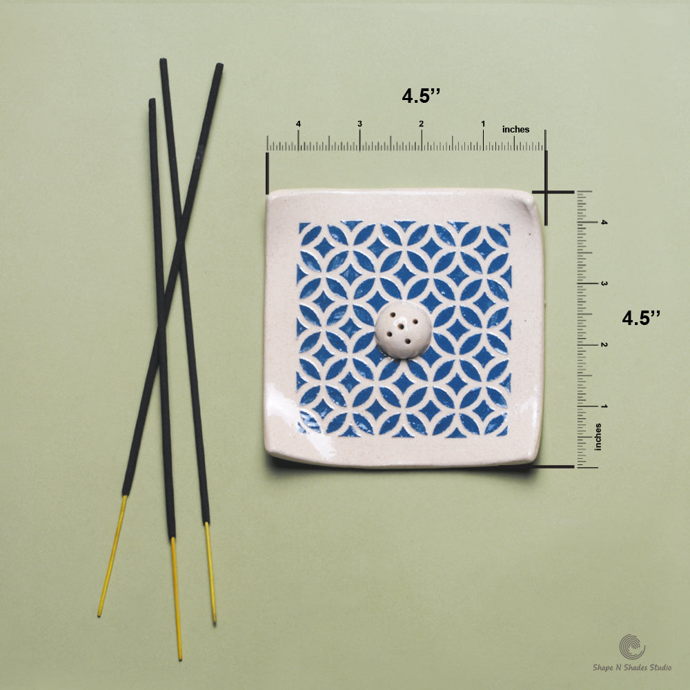 Handmade Ceramic Incense Stick Holder – Square Shape, White Base with Blue Pattern