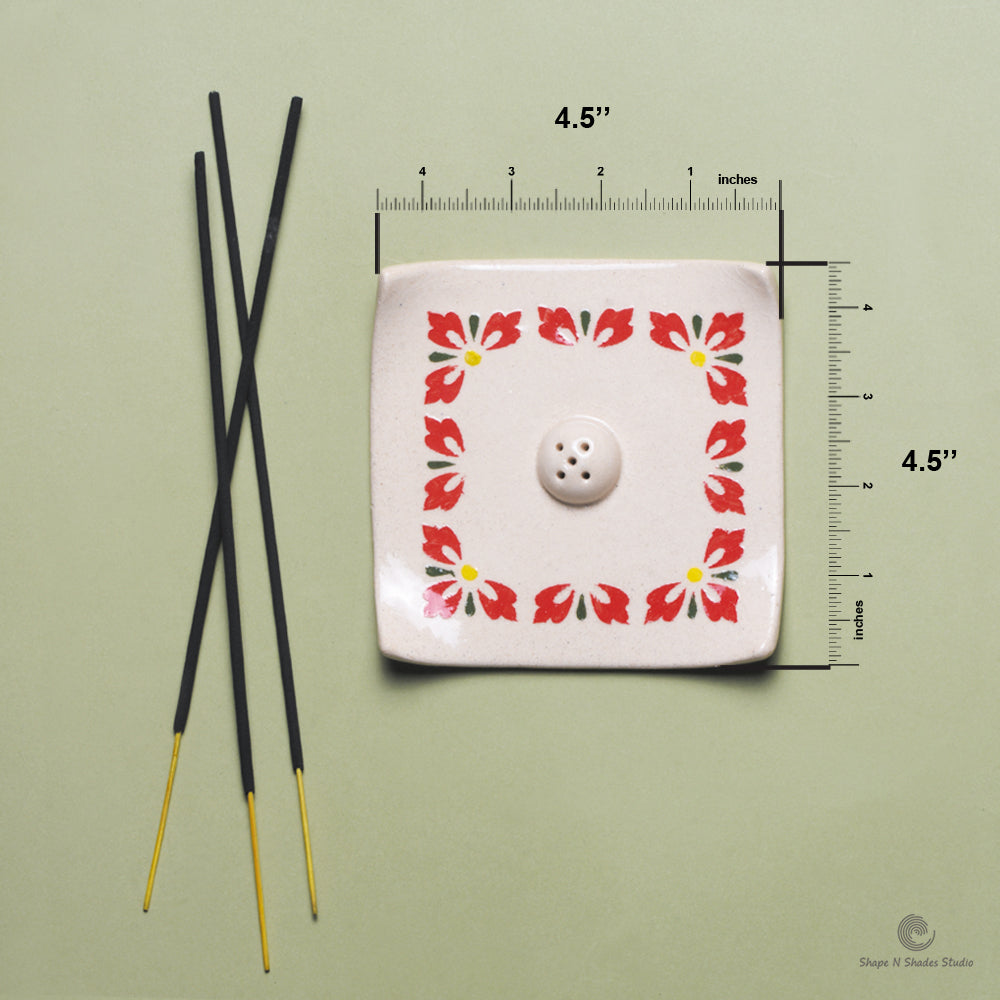 Handmade Ceramic Incense Stick Holder – Square Shape, White Base with Floral Border Pattern