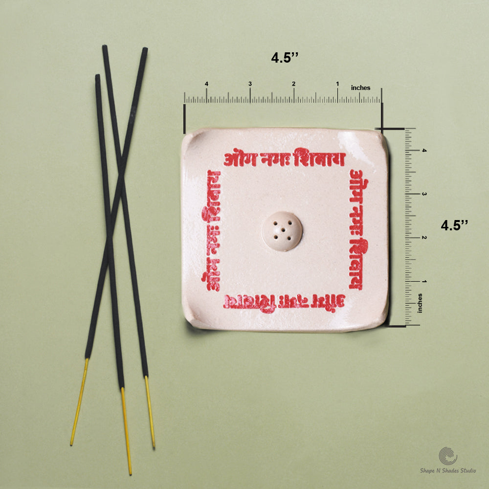 Handmade Ceramic Incense Stick Holder – Square Shape, White Base with Om Nam Shivay Pattern