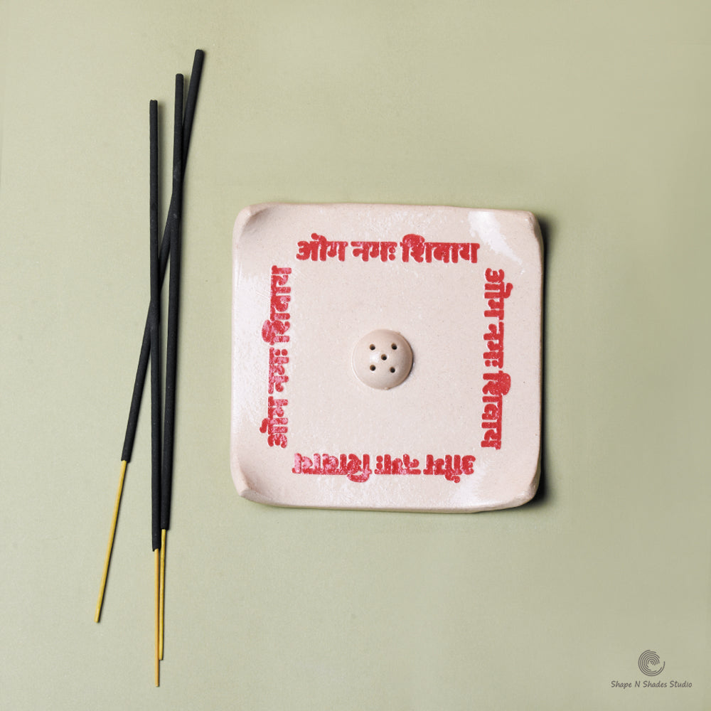 Handmade Ceramic Incense Stick Holder – Square Shape, White Base with Om Nam Shivay Pattern