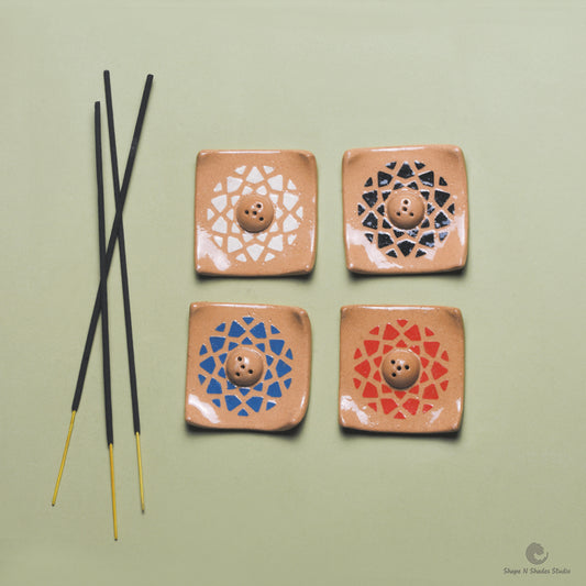 Handmade Ceramic Incense Stick Holder – Small Square, Brown Base with Mandla Pattern