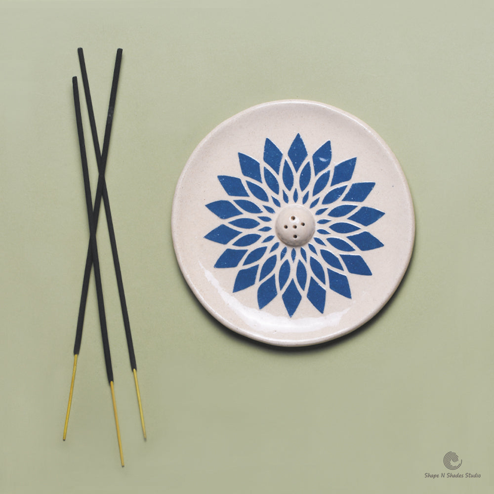Handmade Ceramic Incense Stick Holder – Circle Shape, White Base with Blue Mandala Pattern