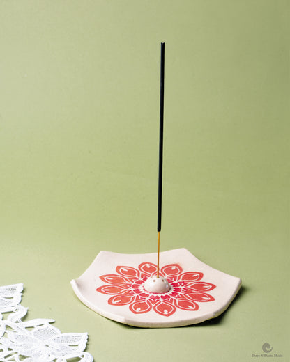 Handmade Ceramic Incense Stick Holder – Hexagonal, White Base with Orange Mandala Pattern