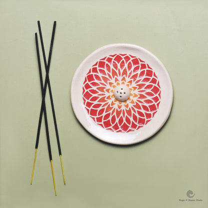 Handmade Ceramic Incense Stick Holder – Circle Shape, White Base with Red Gradation Mandala Pattern