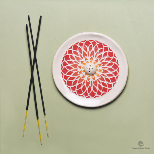 Handmade Ceramic Incense Stick Holder – Circle Shape, White Base with Red Gradation Mandala Pattern