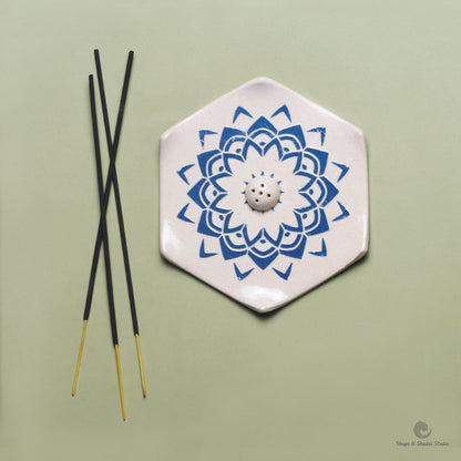 Handmade Ceramic Incense Stick Holder – Hexagonal, White Base with Blue Mandala Pattern