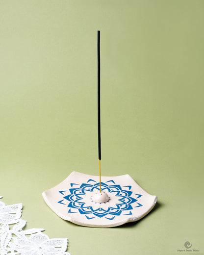 Handmade Ceramic Incense Stick Holder – Hexagonal, White Base with Blue Mandala Pattern