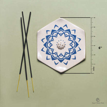 Handmade Ceramic Incense Stick Holder – Hexagonal, White Base with Blue Mandala Pattern