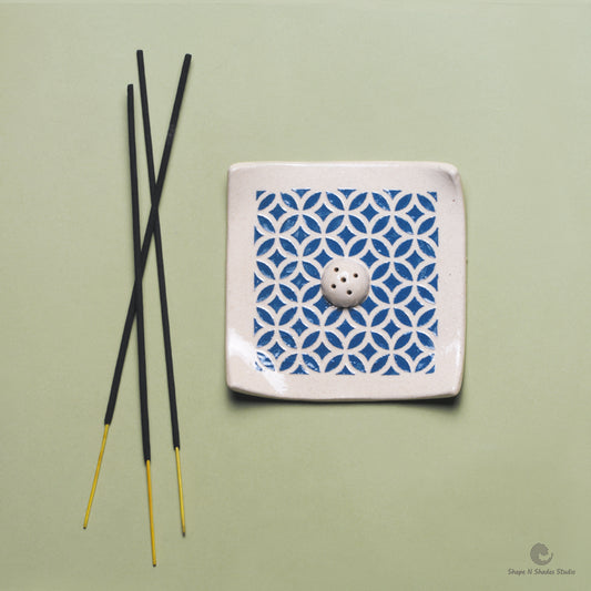 Handmade Ceramic Incense Stick Holder – Square Shape, White Base with Blue Pattern