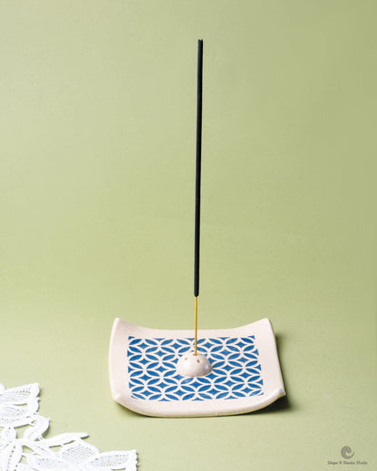Handmade Ceramic Incense Stick Holder – Square Shape, White Base with Blue Pattern