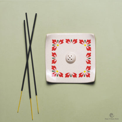 Handmade Ceramic Incense Stick Holder – Square Shape, White Base with Floral Border Pattern