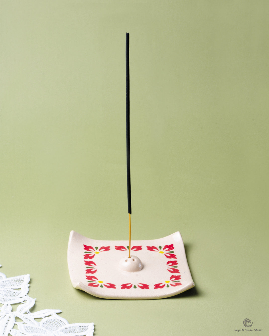 Handmade Ceramic Incense Stick Holder – Square Shape, White Base with Floral Border Pattern