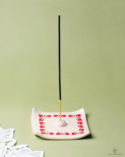 Handmade Ceramic Incense Stick Holder – Square Shape, White Base with Floral Border Pattern